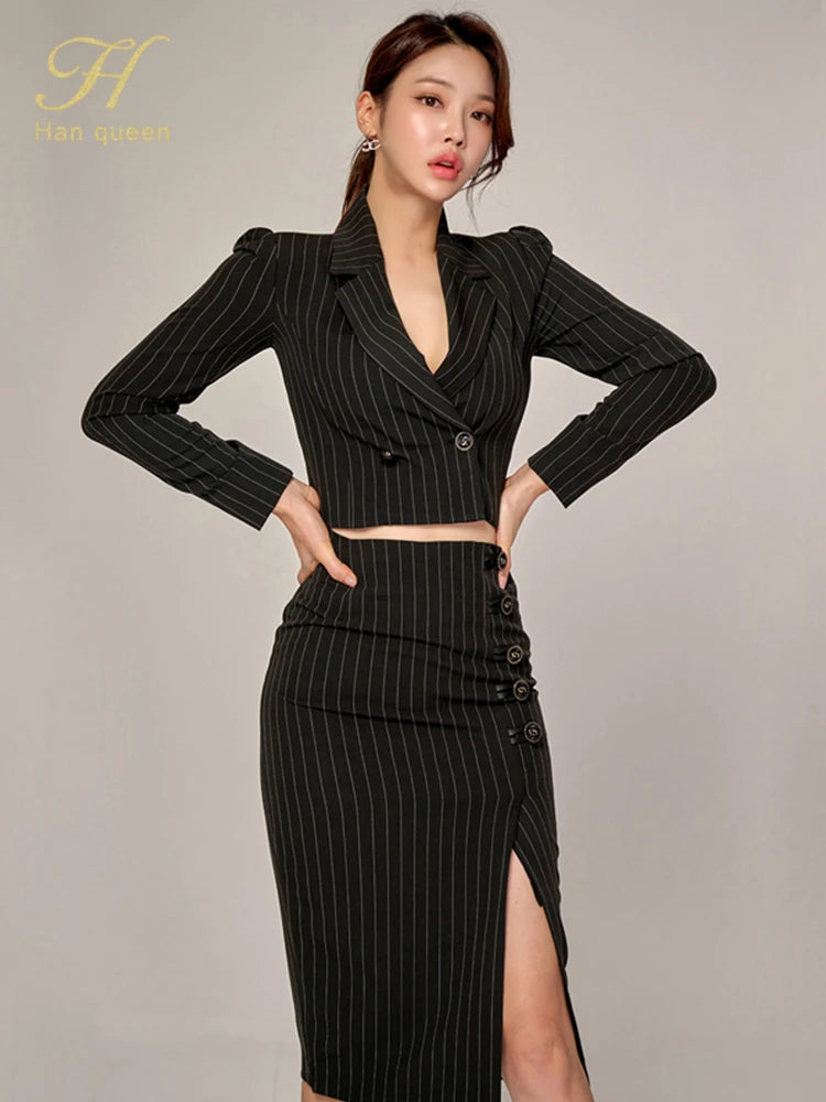 2-Piece Suits Women Elegant Blazer & Simple Sheath Pencil Skirts